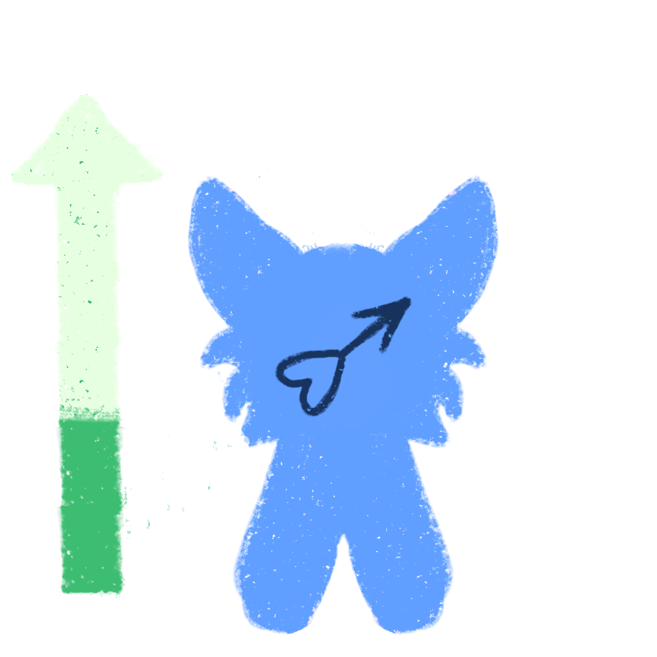  a simplified features a blue, rounded figure with large pointed ears resembling a stylized animal or plush toy. A heart-like symbol with a arrow on top, indicating masculinity, is drawn on the face,  A green arrow points upwards indicating a younger age.